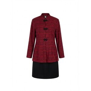 VTG 90s K.C.Spencer Women Red Black Jacquard Mandarin Collar Long Sleeve Dresss